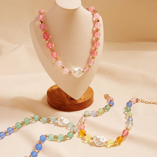 Faux Seaglass And Glass Pearl Bead Short Necklace