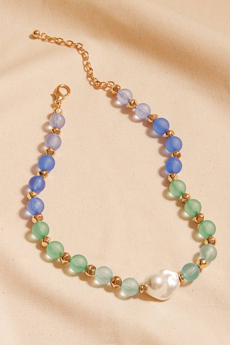Faux Seaglass And Glass Pearl Bead Short Necklace