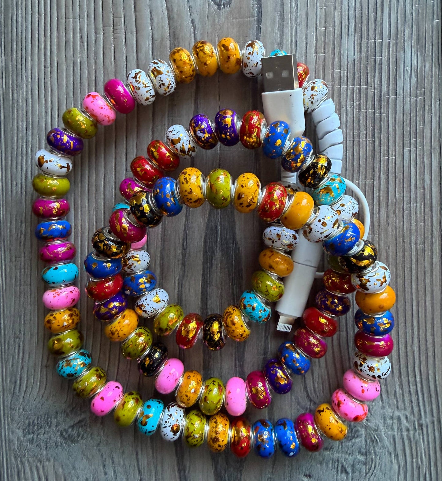 Gold Rainbow Beaded Phone Charger with Lightning and USB-C