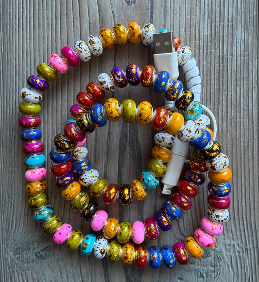 Gold Rainbow Beaded Phone Charger with Lightning and USB-C