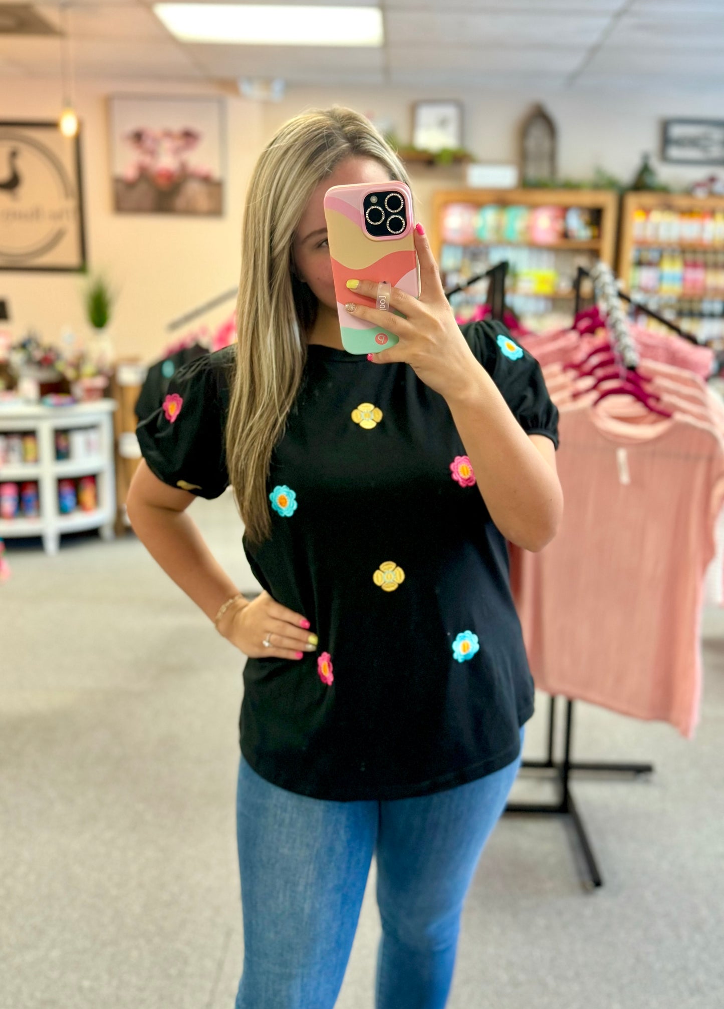 Black Embroidered Flower Short Puff Sleeve Top