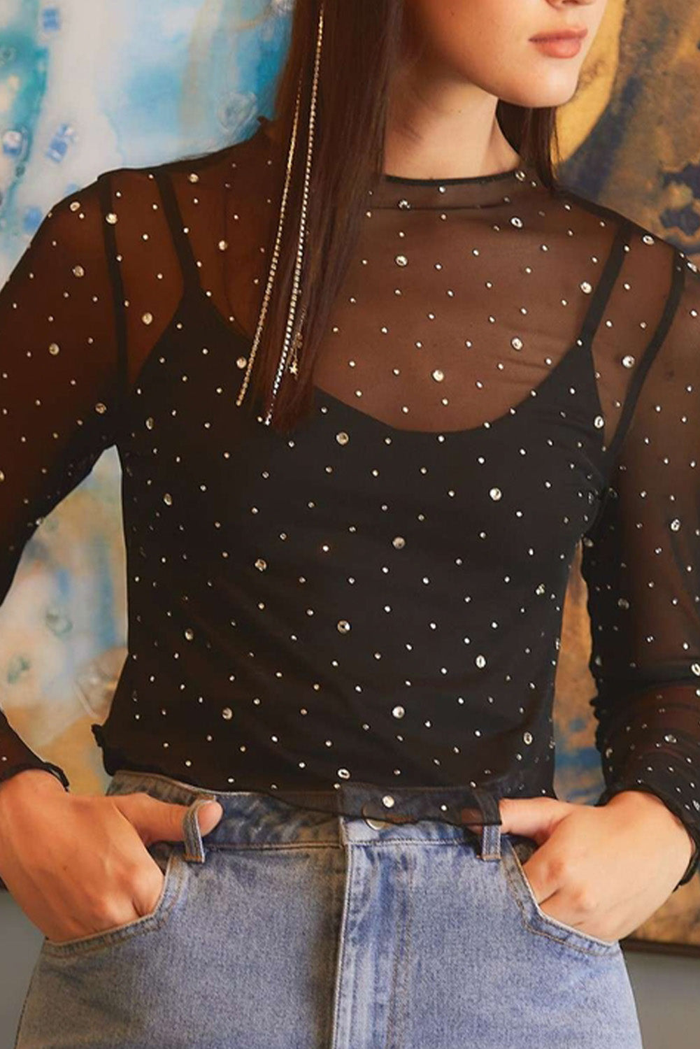 Black Rhinestone Sheer Mesh Slim Fit Long Sleeve Top