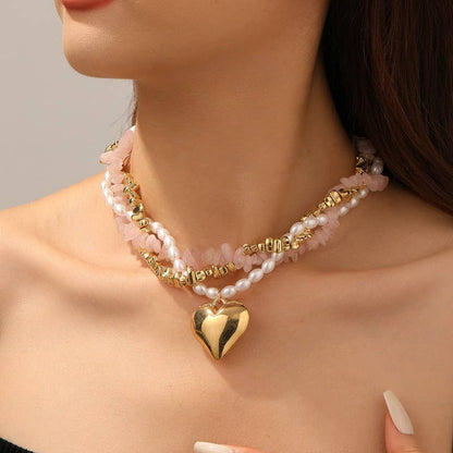 NATURAL STONE PEARL BEADED HEART NECKLACE