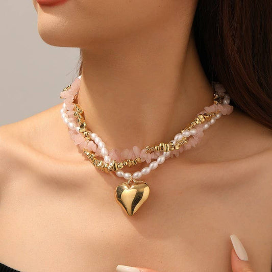 NATURAL STONE PEARL BEADED HEART NECKLACE