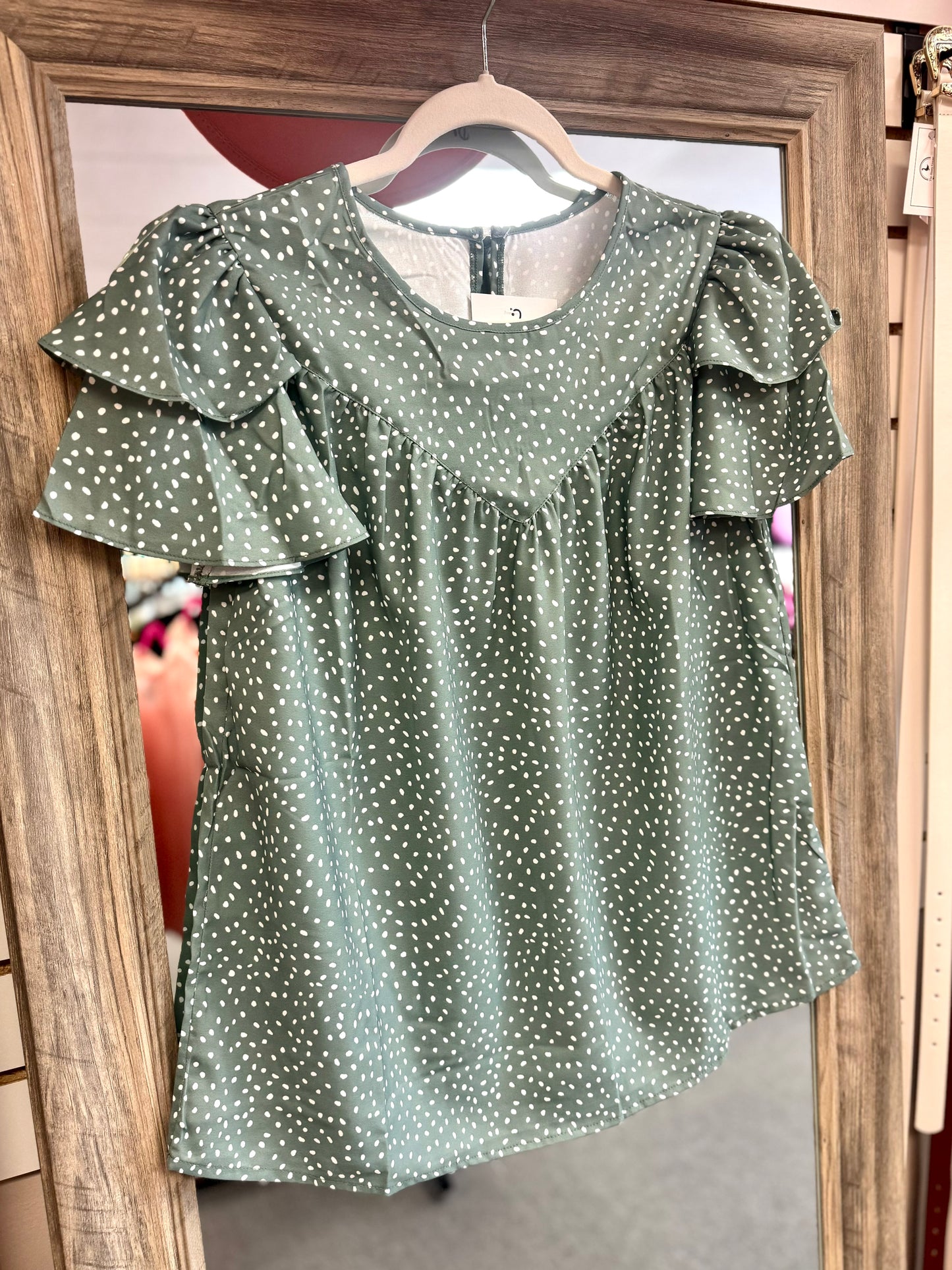 Olive With White Dots Ruffle Sleeve Blouse