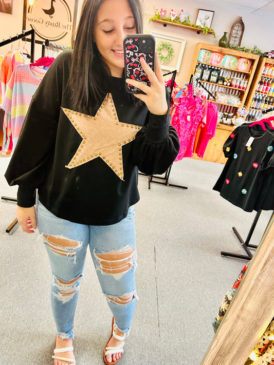 Black Studded Star Oversized Long Sleeve