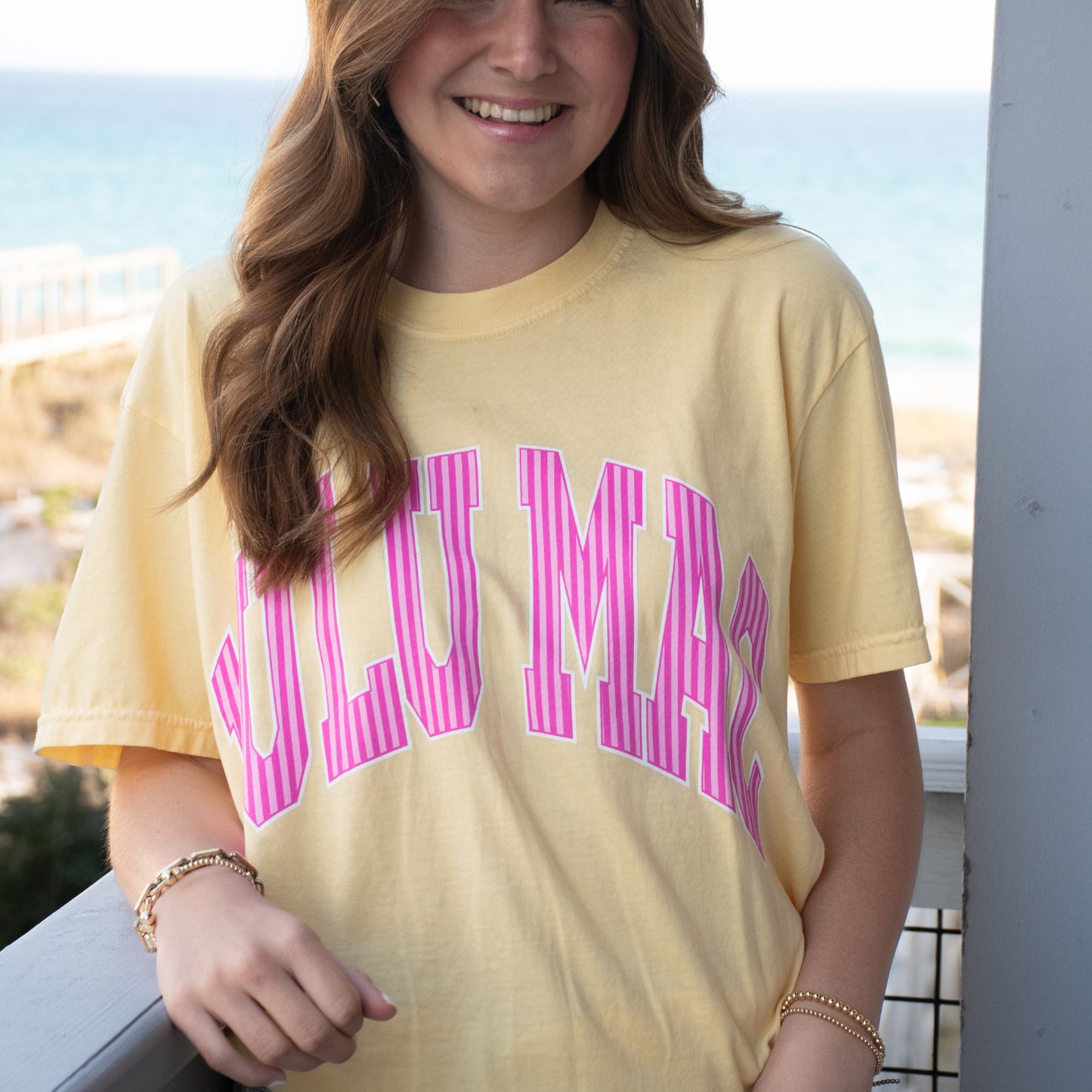 LuLu Mac Stripe Adult Butter with pink stripe Comfort Colors Tee