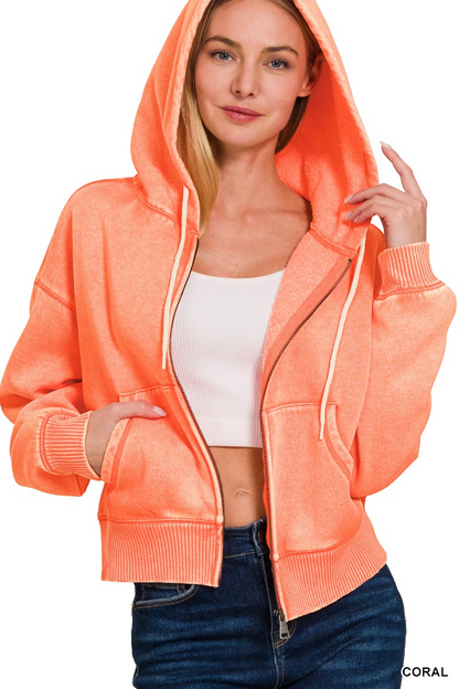 Fleece cropped zip-up hoodie w/pockets