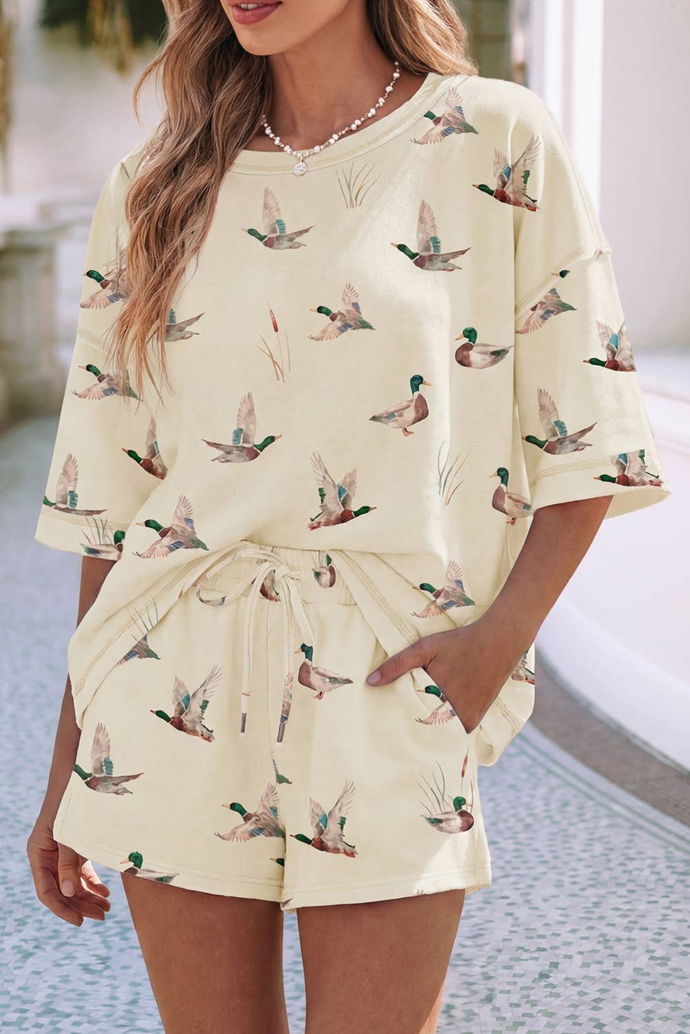 High Waist Mallard Duck Print Short Sleeve 2-pc Set