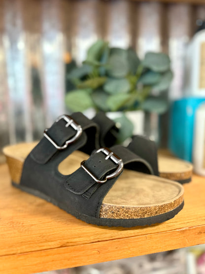 Black Buckle Strap Wedge Sandals