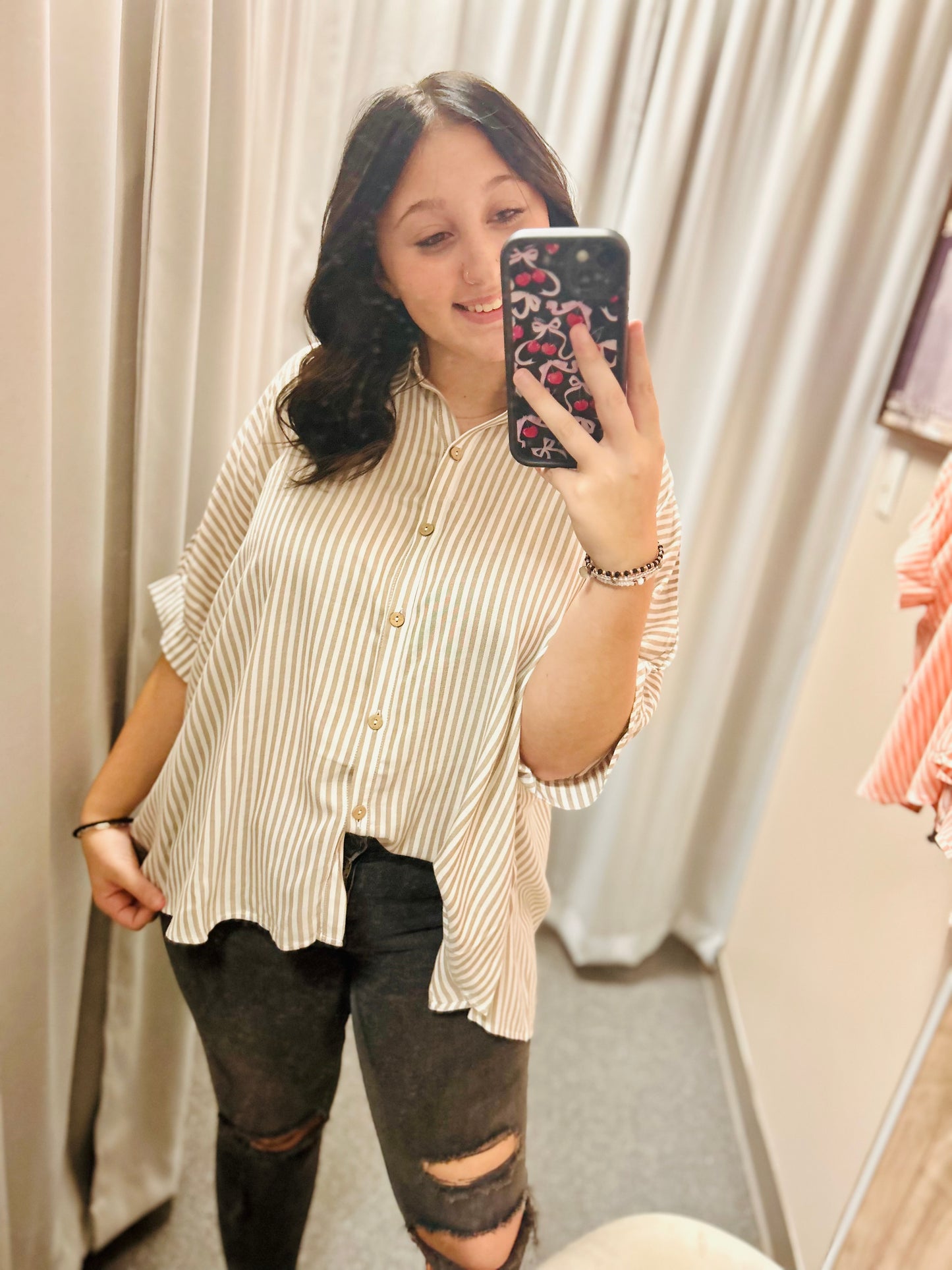 Rayon striped Dolman Sleeve button up shirt, color options