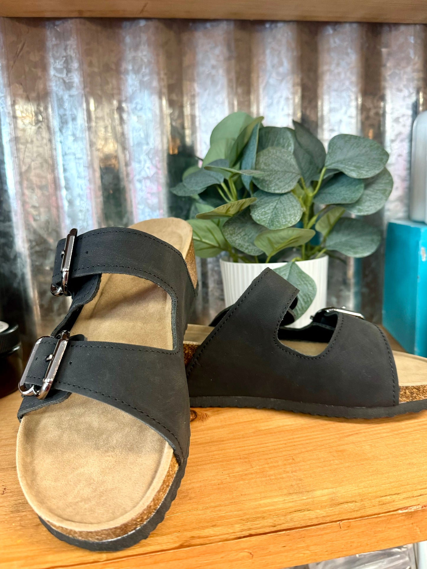 Black Buckle Strap Wedge Sandals