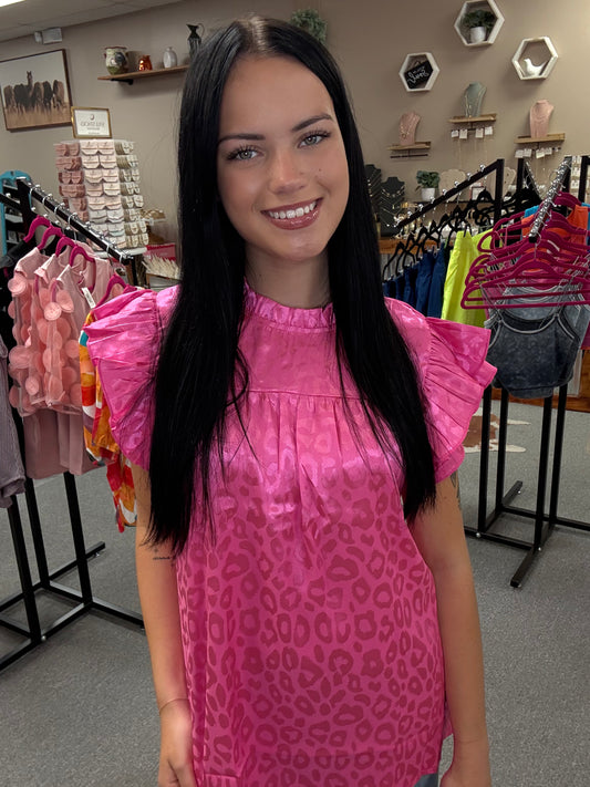Pink Satin Leopard Print Ruffle Sleeve Top