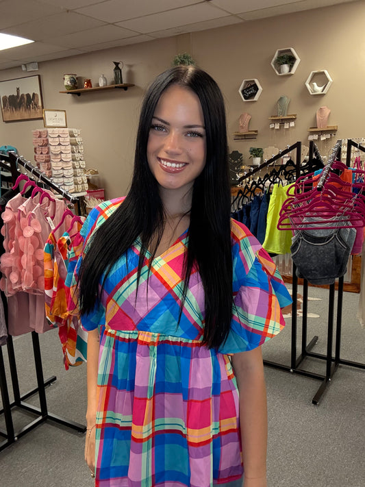 Colorful Plaid V Neck Ruffled Short Sleeve Babydoll Top