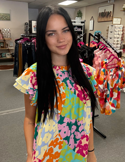 Green Multi-color Pleated Front Blouse
