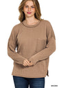 Corded rib long sleeve drop shoulder top with pocket