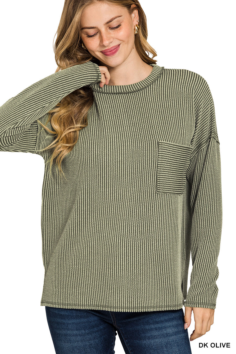 Corded rib long sleeve drop shoulder top with pocket