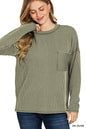 Corded rib long sleeve drop shoulder top with pocket