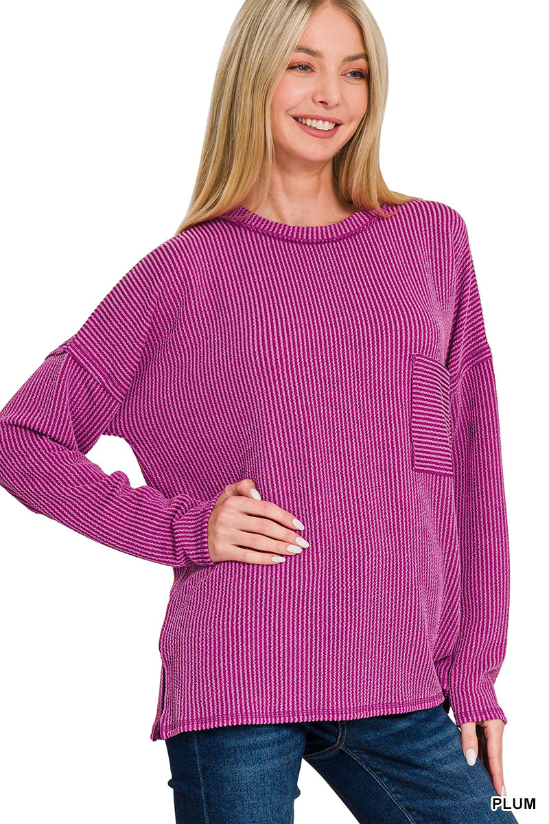 Corded rib long sleeve drop shoulder top with pocket