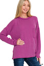 Corded rib long sleeve drop shoulder top with pocket