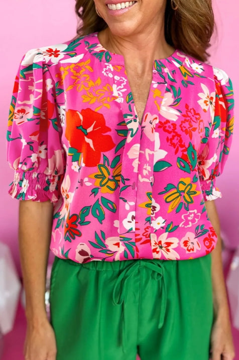 Rose Floral Printed Split V Neck Puff Sleeve Blouse