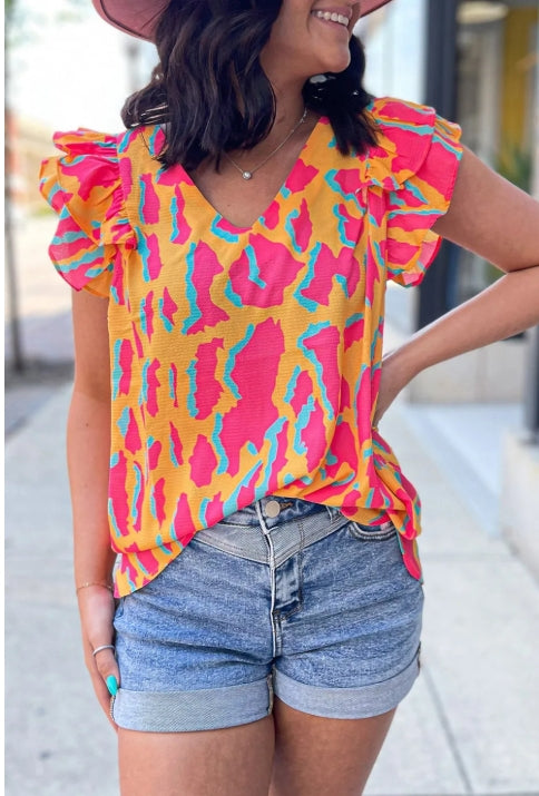 Peach and Pink Leopard Print Ruffle Sleeve Top