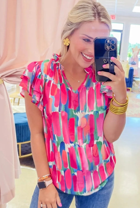 BK Rose Abstract Brush Print Ruffled Sleeve Frill V Neck Blouse