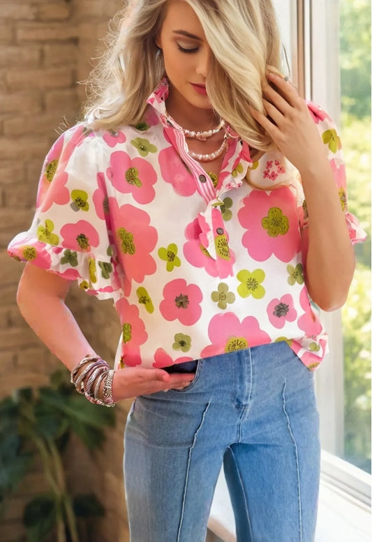 Pink Floral Ruffle Short Sleeve Striped Buttoned Collar Blouse
