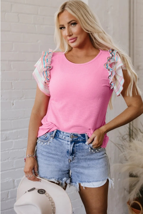 Bonbon Striped Ruffle Flutter Sleeve Ribbed Blouse