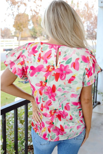 Rose Floral Print Flutter Sleeve Round Neck Casual Blouse