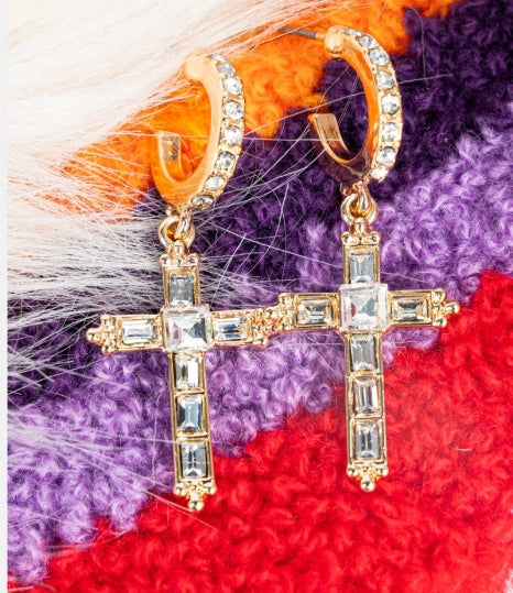 Crystal Avenue Baguette Cross Hoop Goldtone Earrings