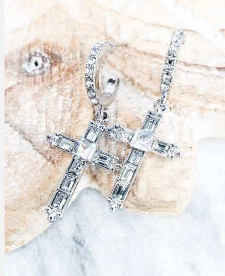 Crystal Avenue Baguette Cross Hoop Silvertone Earrings