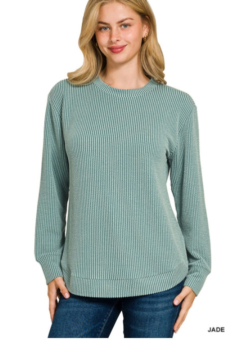 Raised rib round neck long sleeve top