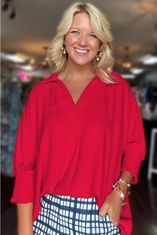 Firey Red V Neck Collared Shirred 3/4 Sleeve Oversized Top