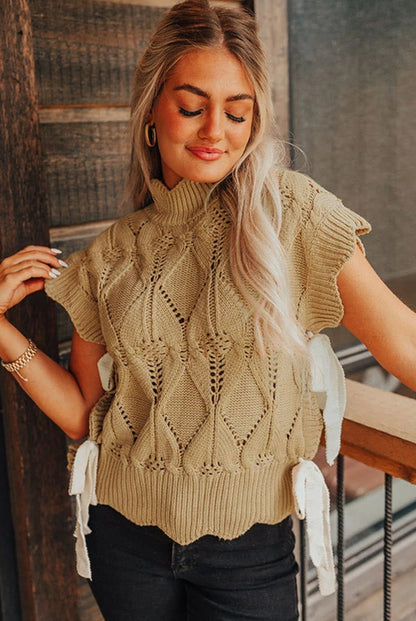 Light French Beige Hollowed Knit Scalloped Trim High Neck Sweater