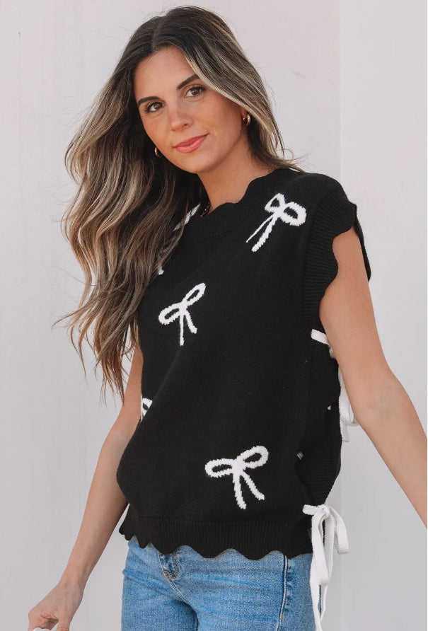 Black Bow Print Side Ties Scalloped Hem Sweater