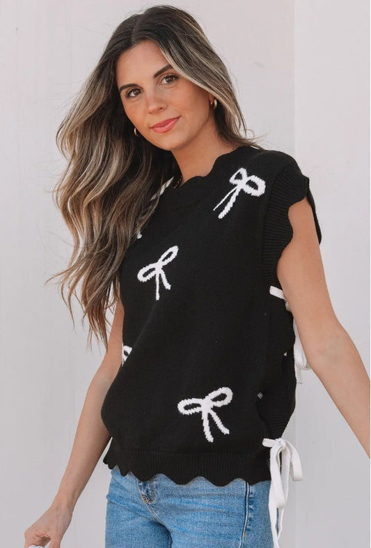 Black Bow Print Side Ties Scalloped Hem Sweater