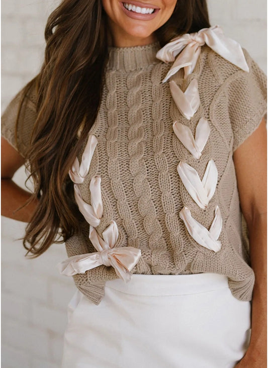 Simply Taupe Cable Knit Colorblock Satin Bowknot Short Sleeve Sweater