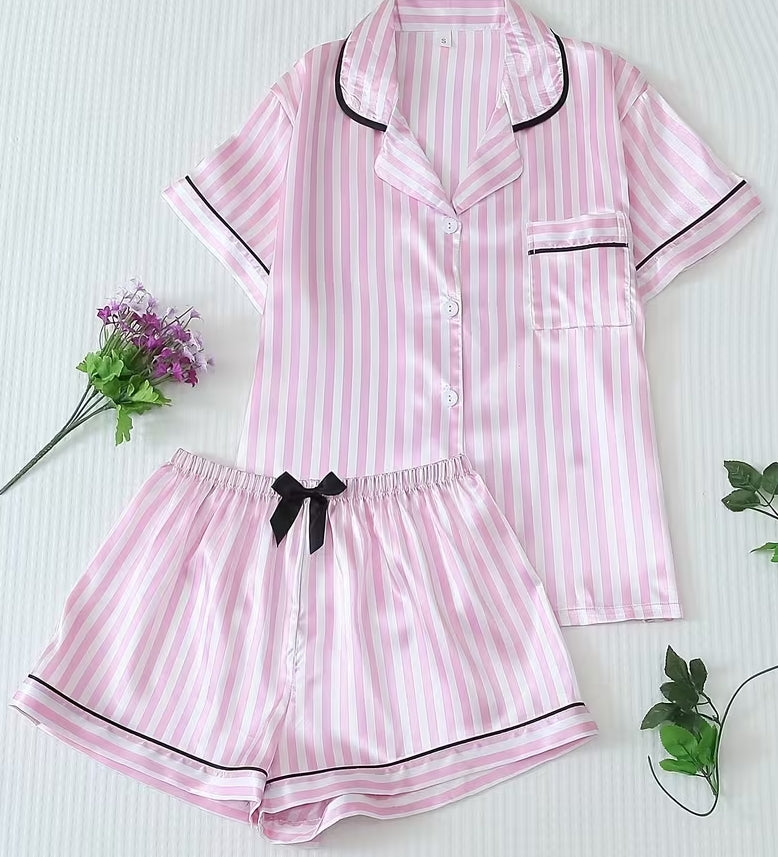 Pink Striped Bow Short Sleeve Shorts Pajama Set