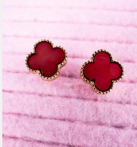 Viola Goldtone Trimmed Red Shell Quatrefoil Earrings