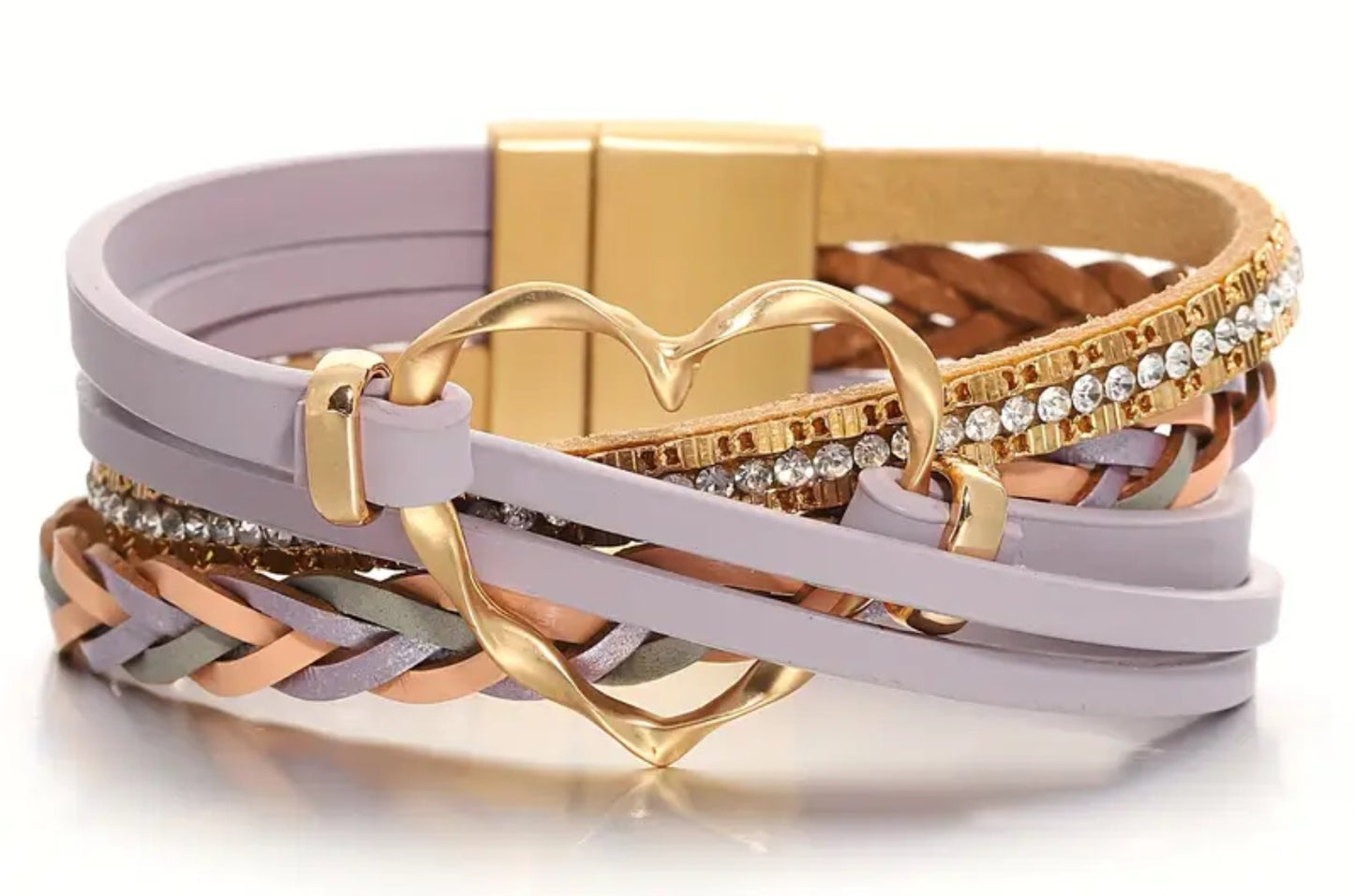 Leather Braided Bracelet with Golden-Tone Heart Clasp & Rhinestone Accents