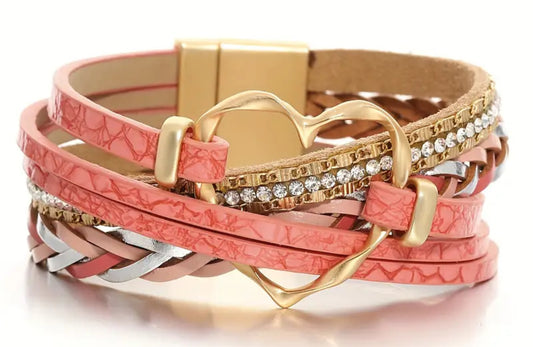 Leather Braided Bracelet with Golden-Tone Heart Clasp & Rhinestone Accents