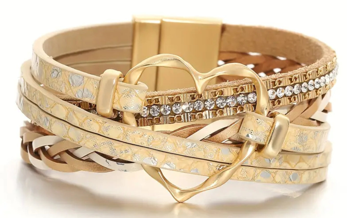 Leather Braided Bracelet with Golden-Tone Heart Clasp & Rhinestone Accents