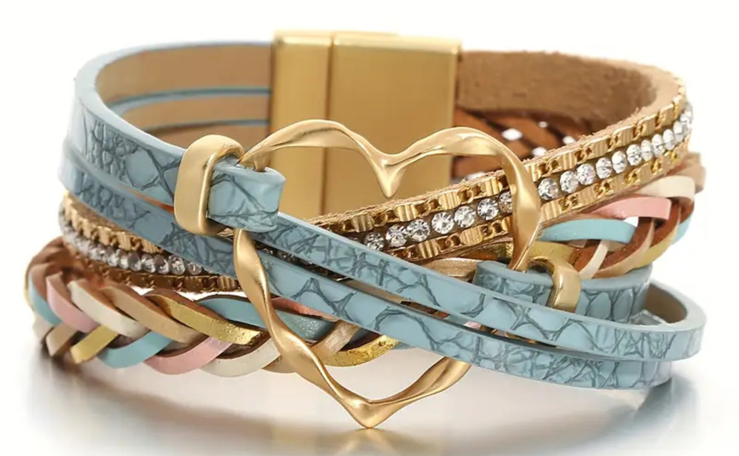 Leather Braided Bracelet with Golden-Tone Heart Clasp & Rhinestone Accents