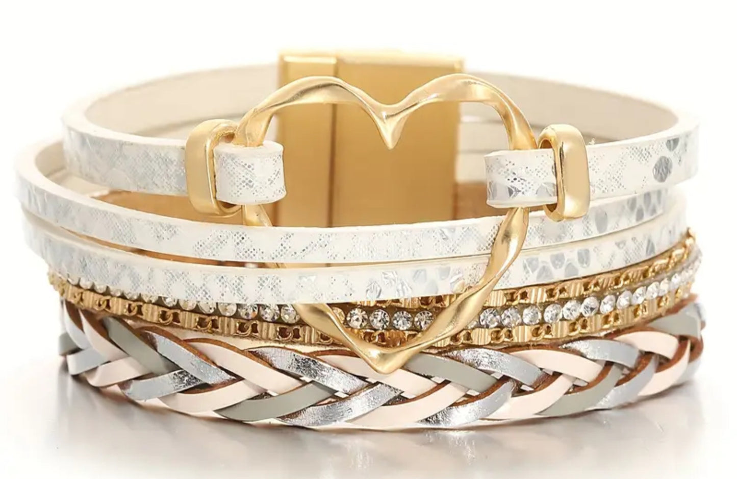 Leather Braided Bracelet with Golden-Tone Heart Clasp & Rhinestone Accents