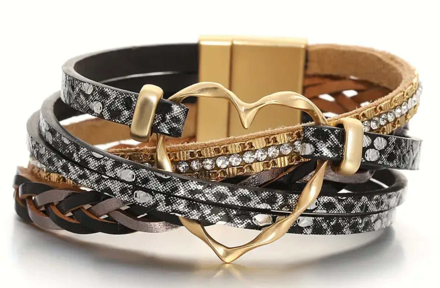 Leather Braided Bracelet with Golden-Tone Heart Clasp & Rhinestone Accents