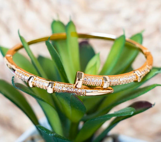 Crystal Avenue Cubic Zirconia Refined Edge Goldtone Nail Bangle