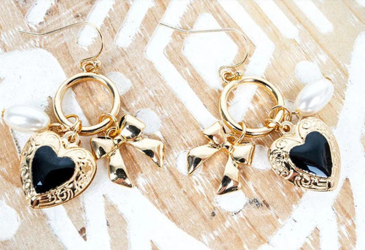 Heart In A Knot Black and Goldtone Earrings