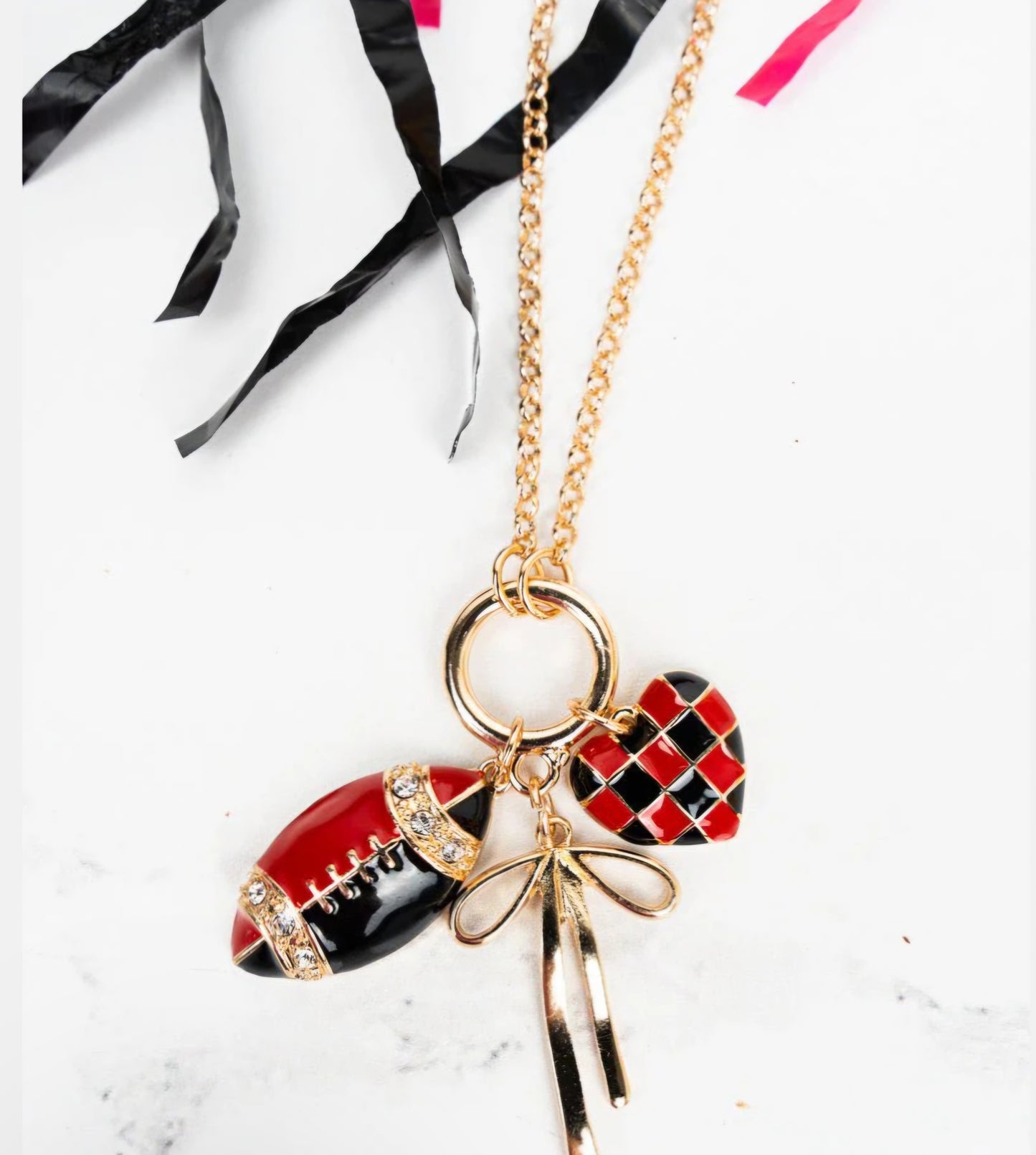 Red and Black Gridiron Girlie Goldtone Necklace