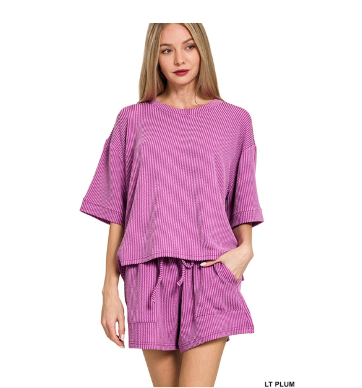 Raised Rib Short Sleeve Top and Shorts Set